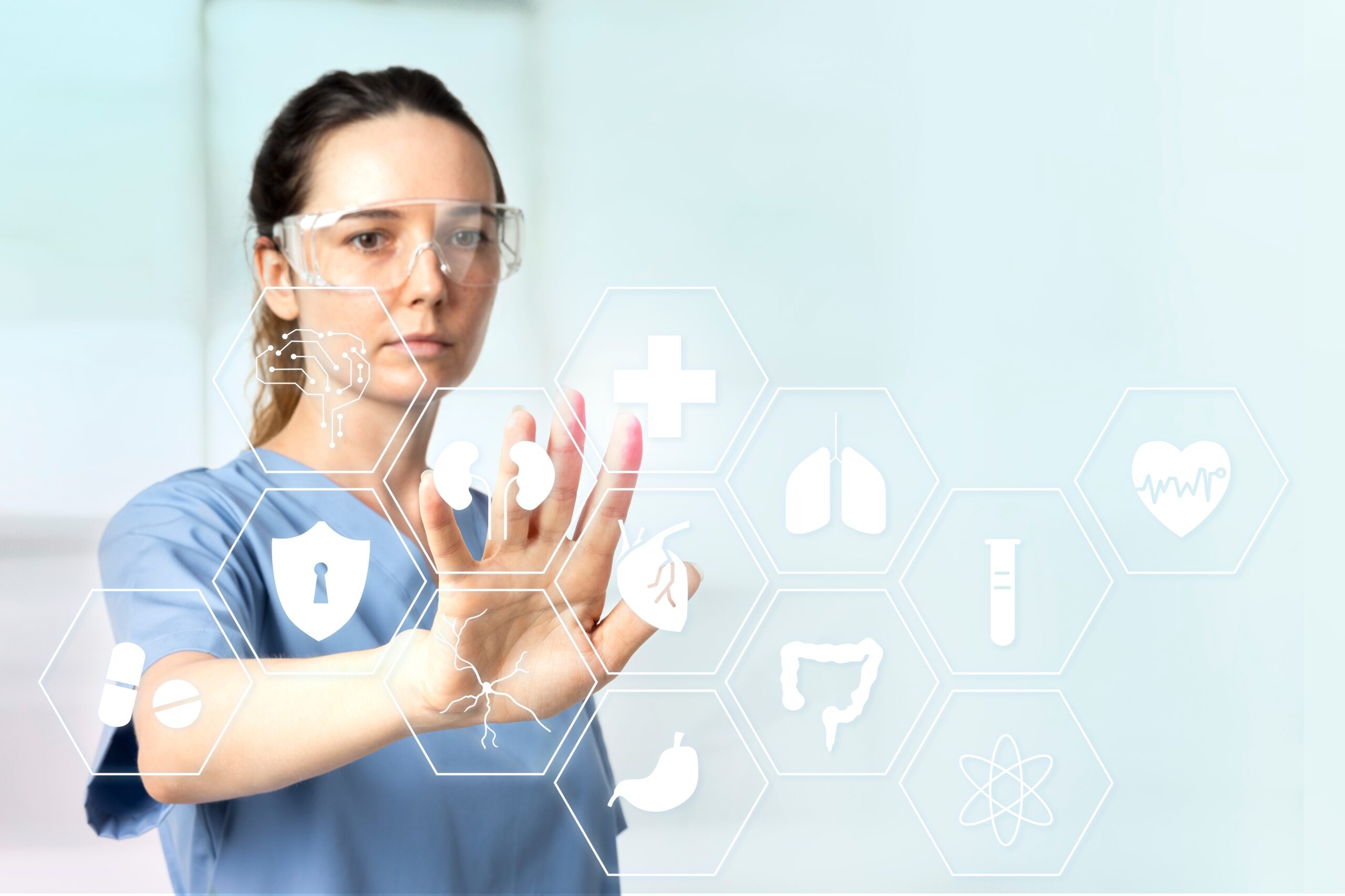 Female doctor  with smart glasses touching virtual screen medical technology